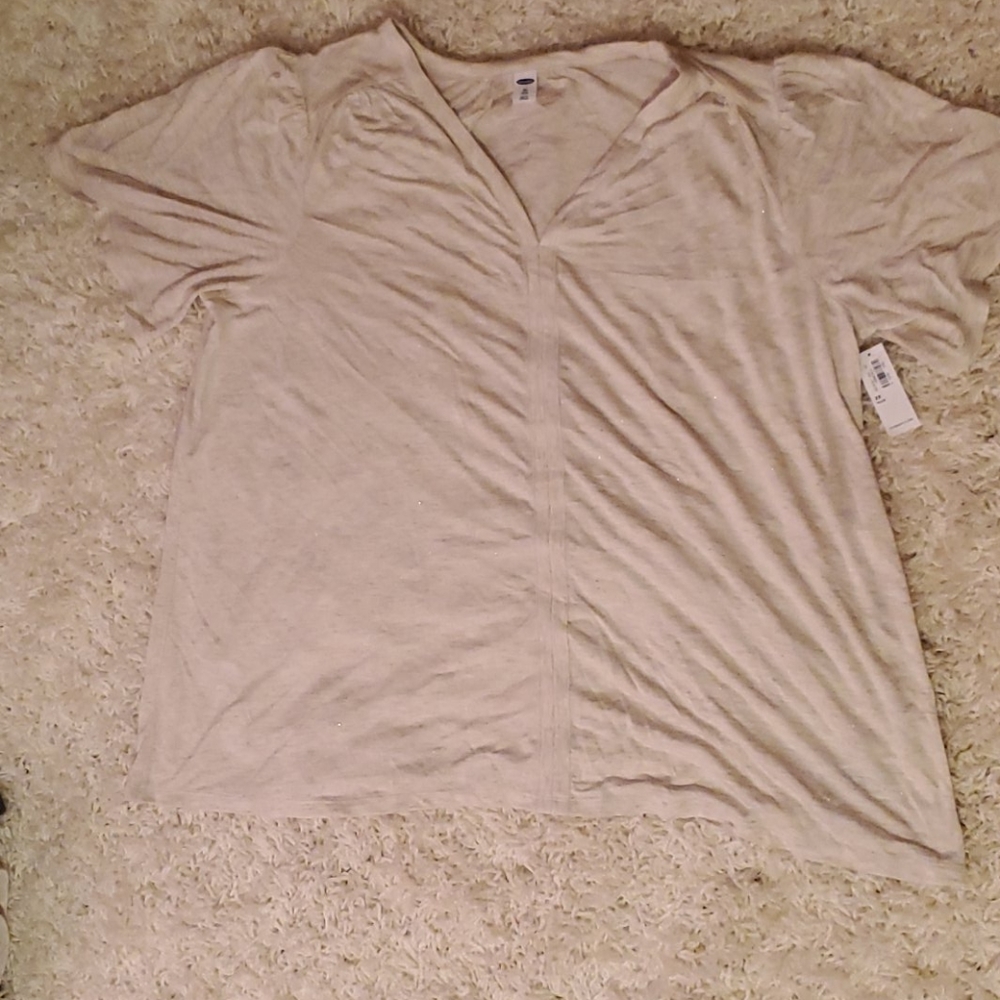 Old Navy beige short-sleeve V-neck top, ruched front, asymmetrical hem 2XL NWT